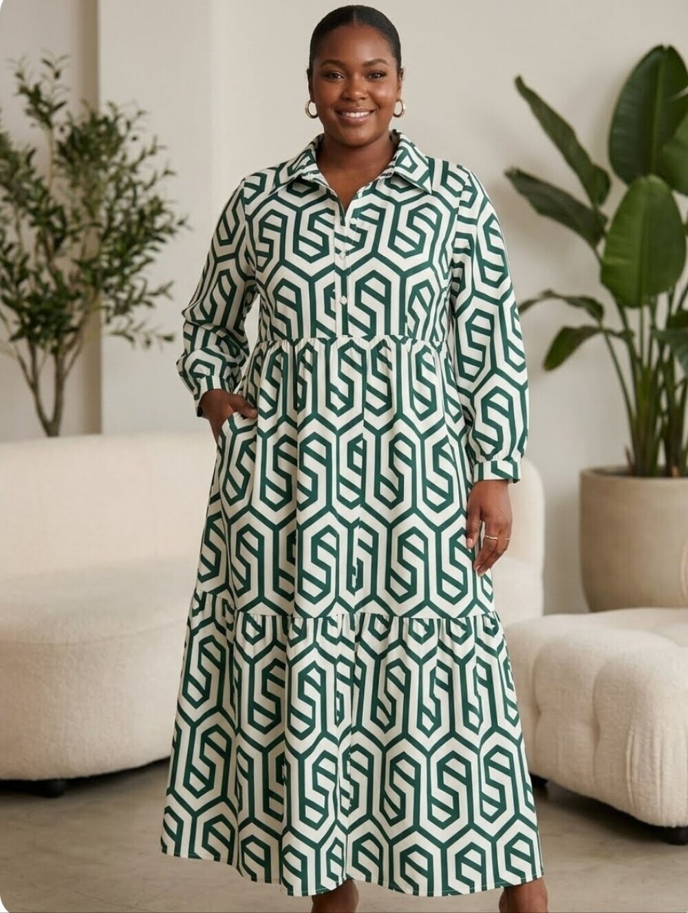 Green White Ecru Geometric Print Shirt Tunic Karen Maxi Dress 3XL